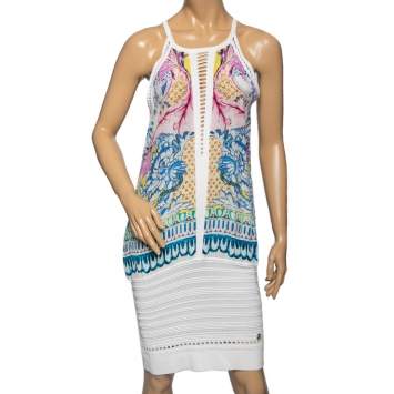 Pre Owned Roberto Cavalli White Floral Printed Silk & Knit Laser Cut Trim Dress M