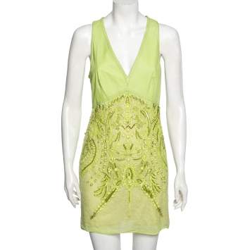 Pre Owned Roberto Cavalli Green Leather & Lace Embellished Sleeveless Dress M 