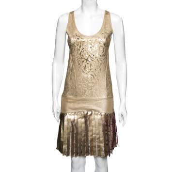 Pre Owned Roberto Cavalli Gold Knit Sequin Embellished Pleated Dress M 