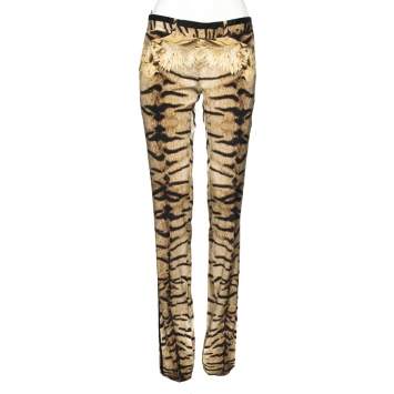 Pre Owned Roberto Cavalli Beige Animal Printed Stretch Silk Pants M
