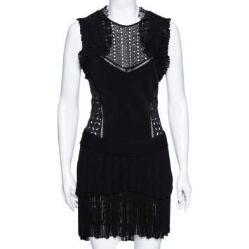Pre Owned Roberto Cavalli Black Eyelet Knit & Silk Inset Ruffled Dress M 