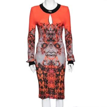 Pre Owned Roberto Cavalli Orange Printed Jersey Long Sleeve Dress M