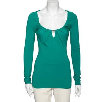 Pre Owned Roberto Cavalli Green Jersey Embellished Detail Top M