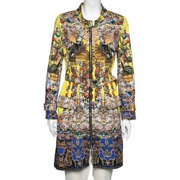 Pre Owned Roberto Cavalli Yellow Printed Cotton Canvas Zip Front Belted Coat M