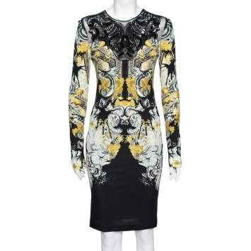 Pre Owned Roberto Cavalli Multicolor Printed Jersey & Embellished Tulle Long Sleeve Dress M