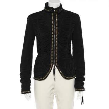 Pre Owned Roberto Cavalli Black Studded Suede Zip Front Ruched Jacket M