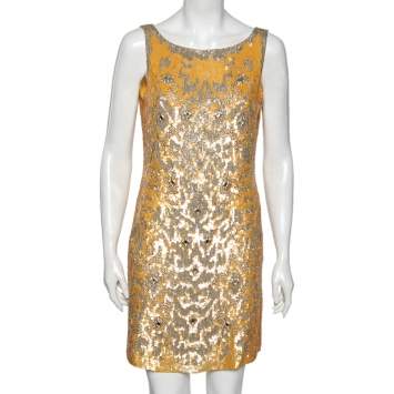 Pre Owned Roberto Cavalli Yellow Silk Sequin Embellished and Embroidered Top M 