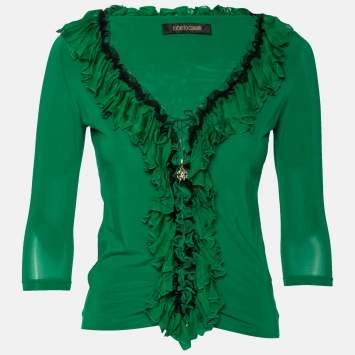 Pre Owned Roberto Cavalli Green Jersey Ruffle Trimmed Top M