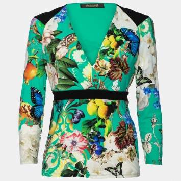 Pre Owned Roberto Cavalli Green Floral Printed Jersey V-Neck Top M