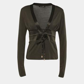 Pre Owned Roberto Cavalli Olive Green Jersey Plunge Neck Blouse M