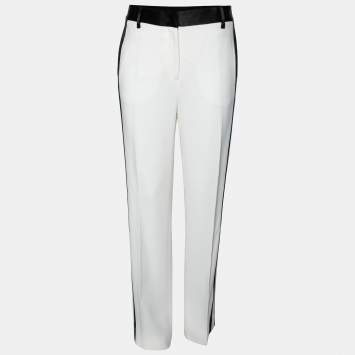 Pre Owned Roberto Cavalli White Crepe & Satin Contrast Trimmed Trousers L