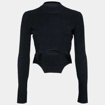 Pre Owned Roberto Cavalli Black Knit Cut Out Button Detailed Crew Neck Top M