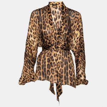 Pre Owned Roberto Cavalli Brown Animal Printed Silk Neck Tie Detail Blouse M