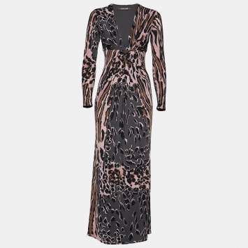 Pre Owned Roberto Cavalli Grey and Pink Ruched Animal Print Jersey Long Sleeve Maxi Dress S