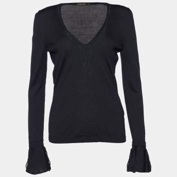 Pre Owned Roberto Cavalli Black Knit V-Neck Long Sleeve Top M
