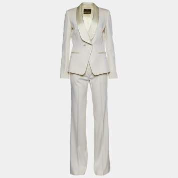 Pre Owned Roberto Cavalli Cream Stretch Wool Pant Suit S