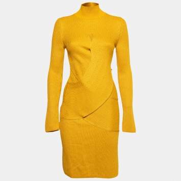 Pre Owned Roberto Cavalli Yellow Anatomical Rib Knit Crossover Cut-Out Detail Dress M
