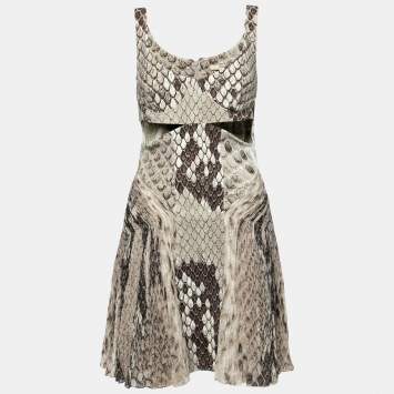 Pre Owned Roberto Cavalli Grey Python Printed Jersey & Silk Cut-Out Detail Dress M