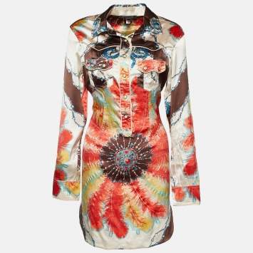 Pre Owned Roberto Cavalli Multicolor Bejeweled Feather Print Silk Tunic L