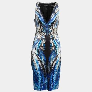 Pre Owned Roberto Cavalli Blue Printed Stretch Silk Sleeveless Dress M