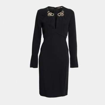 Pre Owned Roberto Cavalli Black Crepe Embellished Detail Long Sleeve Dress M