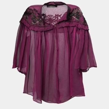 Pre Owned Roberto Cavalli Purple Silk Chiffon Embroidered Embellished Blouse S