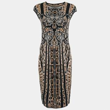 Pre Owned Roberto Cavalli Brown Animal Jacquard Knit Bodycon Dress M