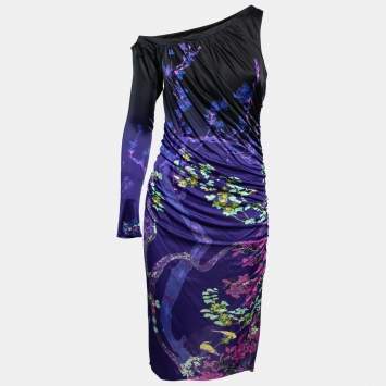 Pre Owned Roberto Cavalli Purple Floral Printed Jersey Side Draped Dress M