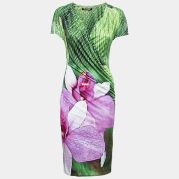 Pre Owned Roberto Cavalli Green & Purple Printed Jersey Wrap Detail Dress M