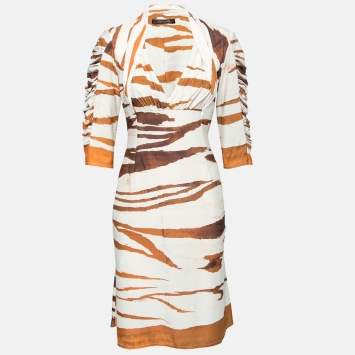 Pre Owned Roberto Cavalli Beige Animal Print Jersey Ruched Sleeve Dress M