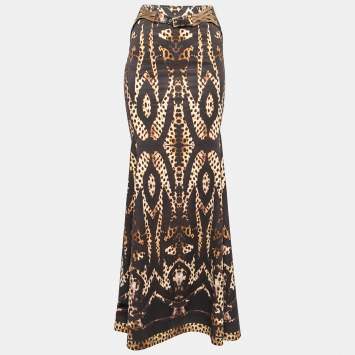 Pre Owned Roberto Cavalli Brown Leopard Printed Cotton Belted Maxi Skirt S