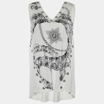 Pre Owned Roberto Cavalli White Printed Jersey Eyelet Top S
