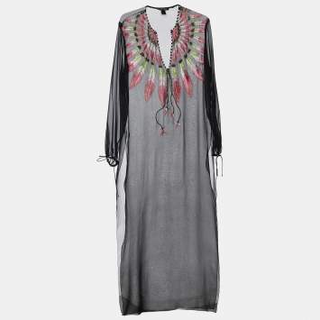 Pre Owned Roberto Cavalli Black Silk Embroidered Full Sleeves Dress XL