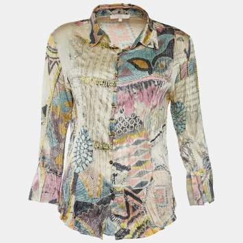Pre Owned Roberto Cavalli Multicolor Foil Print Silk Button Front Shirt L