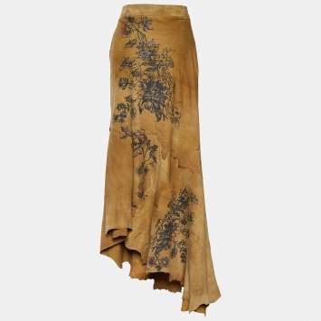 مملوكة مسبقًا Roberto Cavalli Brown Suede Floral & Tiger Print Asymmetric Skirt S