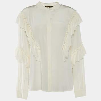 Pre Owned Roberto Cavalli Ivory Crepe de Chine Ruffled Blouse M