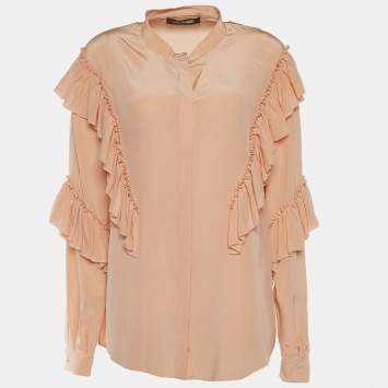 Pre Owned Roberto Cavalli Peach Silk Ruffle Detail Blouse L