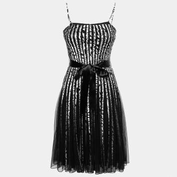 Pre Owned Roberto Cavalli Monochrome Animal Print Satin and Mesh Flared Dress M