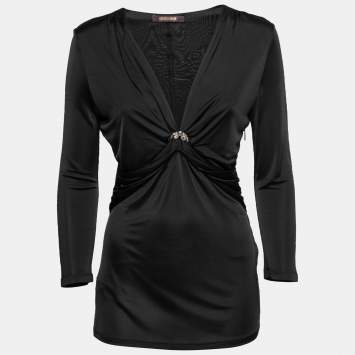Pre Owned Roberto Cavalli Black Jersey Ruched Detailed Top M