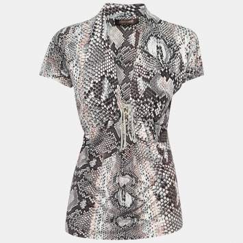 Pre Owned Roberto Cavalli Grey Snakeskin Print Knit V Neck Blouse M