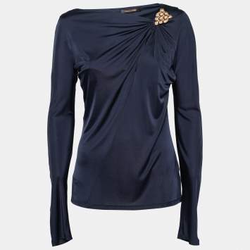 Pre Owned Roberto Cavalli Navy Blue Jersey Ruched Long Sleeve Blouse L