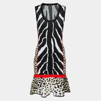 Pre Owned Roberto Cavalli Multicolor Animal Printed Knit Ruffle Hem Sleeveless Dress M