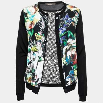 مملوكة مسبقًا Roberto Cavalli Black Printed Silk Inset & Knit Long Sleeve Cardigan S