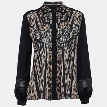 Pre Owned Roberto Cavalli Black Printed Silk Inset & Knit Button Front Cardigan M