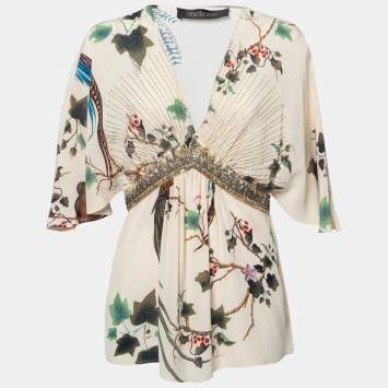 Pre Owned Roberto Cavalli Cream Floral Printed Embellished Silk Kaftan Top M