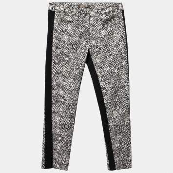 Pre Owned Roberto Cavalli Monochrome Printed Cotton Knit Trimmed Slim Fit Jeans M Waist 31"