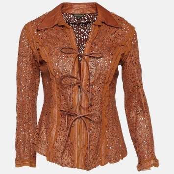 Pre Owned Roberto Cavalli Brown Laser Cut Leather Tie Up Jacket S