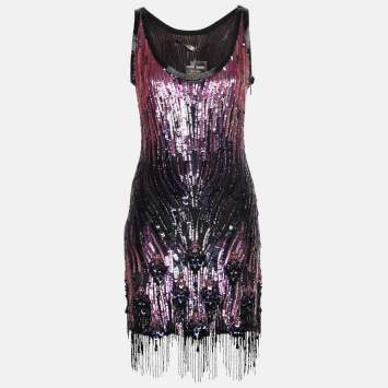 Pre Owned Roberto Cavalli Multicolor Sequin-Embellished Crepe Fringed Dress M