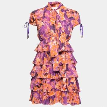 Pre Owned Roberto Cavalli Purple & Orange Floral Printed Chiffon Tiered Dress M