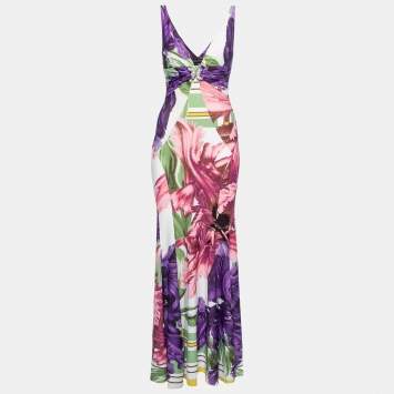 Pre Owned Roberto Cavalli Multicolor Floral Printed Jersey Maxi Dress M